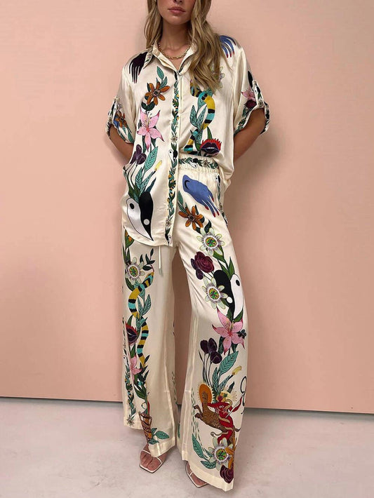 Nika | Resort Vibes Satin zestaw koszuli i spodni w unikalny wzór