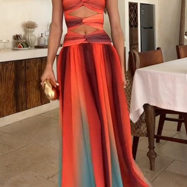 Sukienka Maxi Sunset – Off-Shoulder z Gradientem i Frendzlami