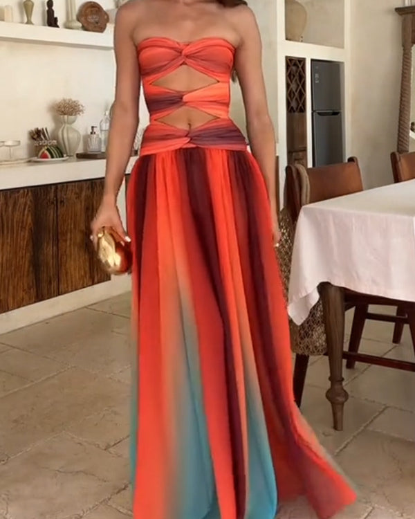 Sukienka Maxi Sunset – Off-Shoulder z Gradientem i Frendzlami