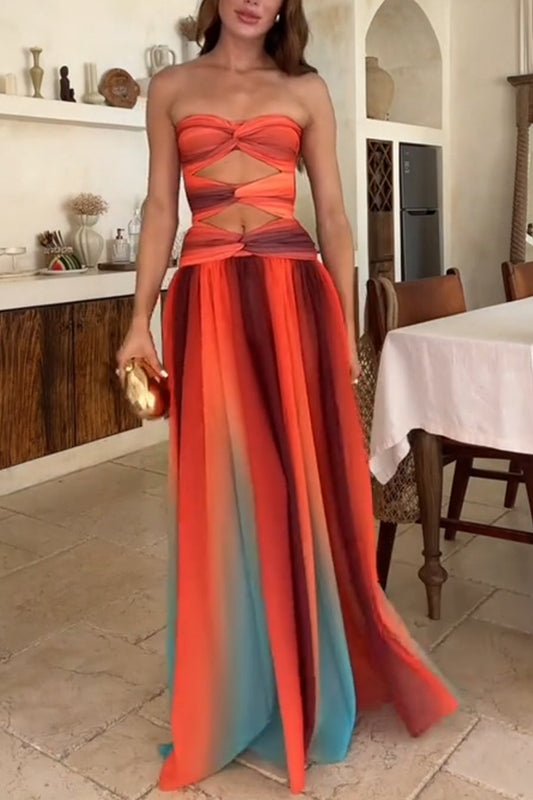 Sukienka Maxi Sunset – Off-Shoulder z Gradientem i Frendzlami