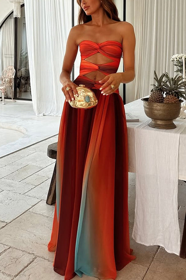 Sukienka Maxi Sunset – Off-Shoulder z Gradientem i Frendzlami