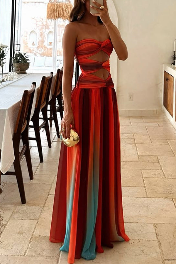 Sukienka Maxi Sunset – Off-Shoulder z Gradientem i Frendzlami