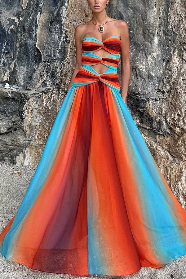 Sukienka Maxi Sunset – Off-Shoulder z Gradientem i Frendzlami