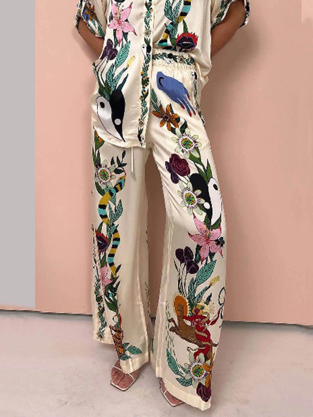 Nika | Resort Vibes Satin zestaw koszuli i spodni w unikalny wzór