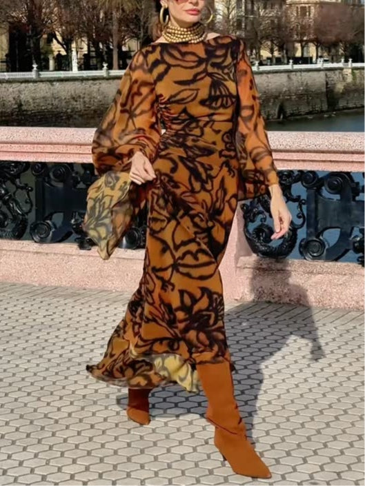 Ashley | Plażowa elegancja Brązowa długa sukienka w kwiaty