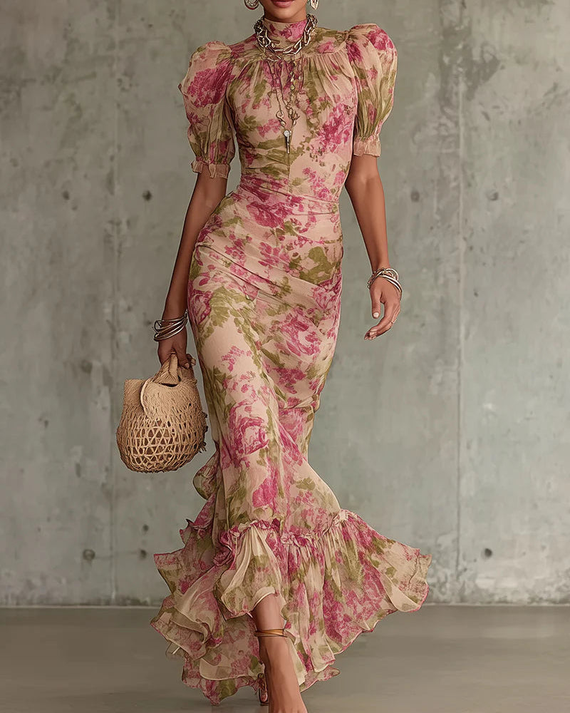 Mae | Sukienka Maxi z Bufiastymi Rękawami w Wzór Vintage Róż