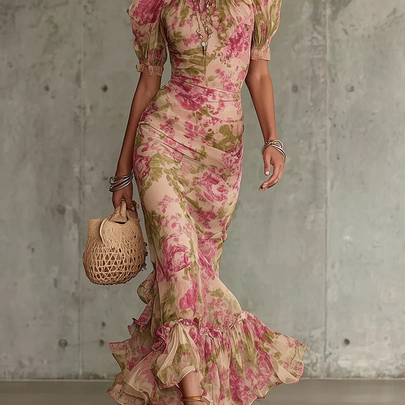 Mae | Sukienka Maxi z Bufiastymi Rękawami w Wzór Vintage Róż