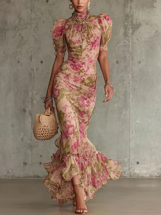 Mae | Sukienka Maxi z Bufiastymi Rękawami w Wzór Vintage Róż
