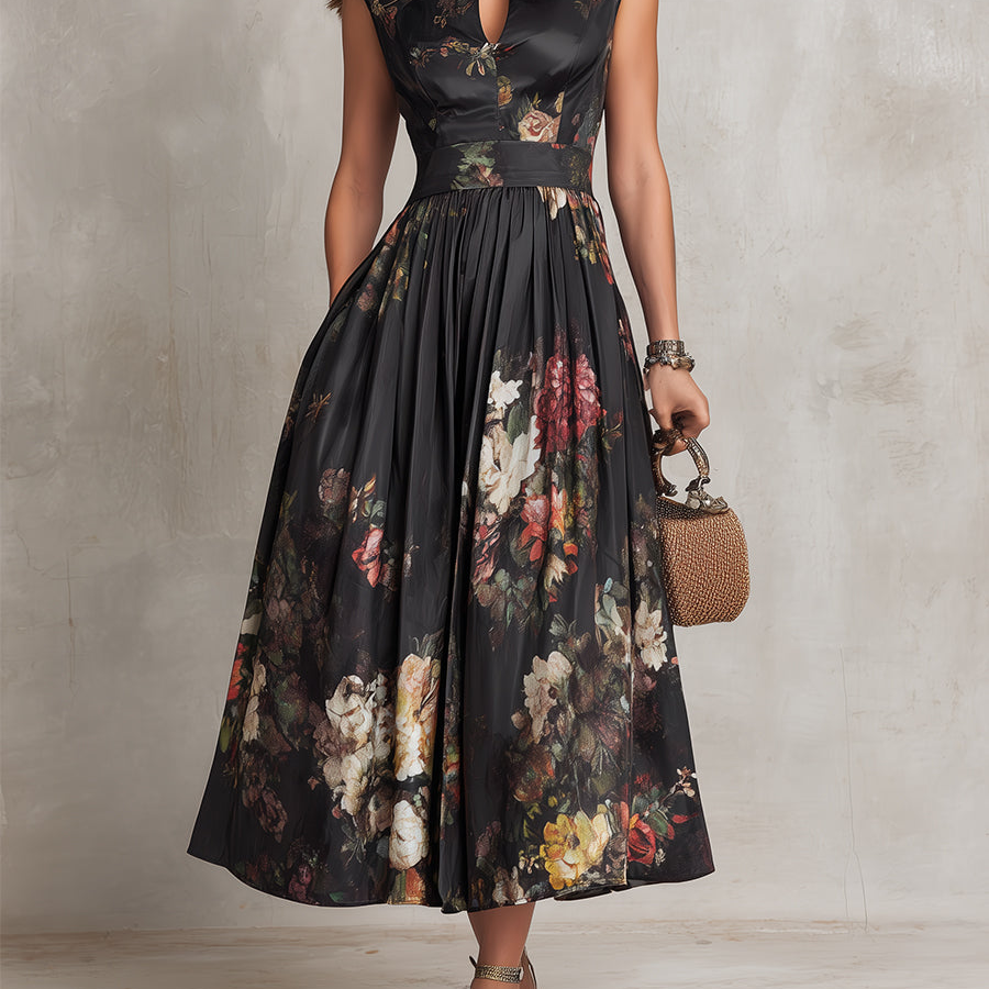 Patricia | Czarna Kwiatowa Satynowa Midi Sukienka Plisowana