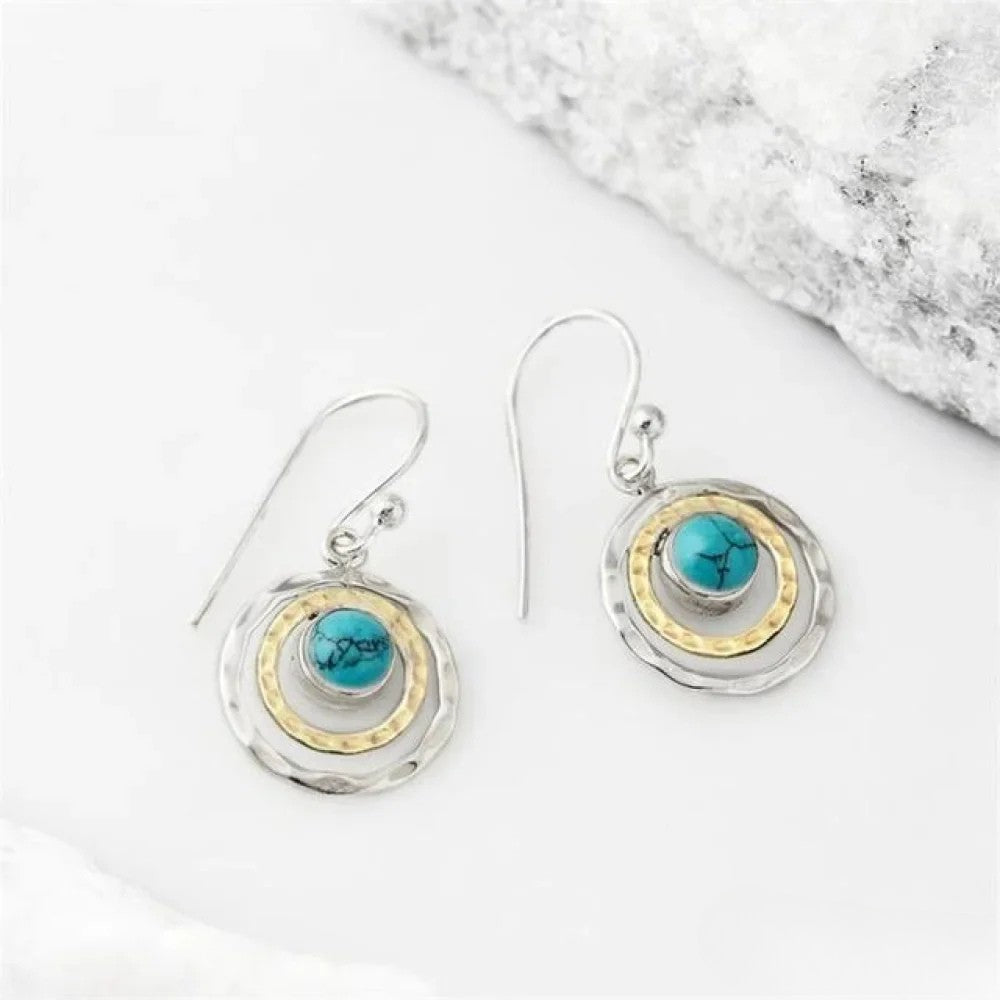 Kolczyki Boho Saturn z Turkusowym Kamieniem w Srebrze i Złocie