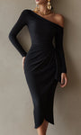 Czarna Sukienka Midi Bodycon z Jednym Ramiączkiem
