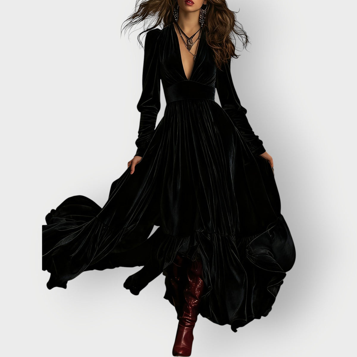 Alorae | Vintage A-Line Welurowa Sukienka Maxi