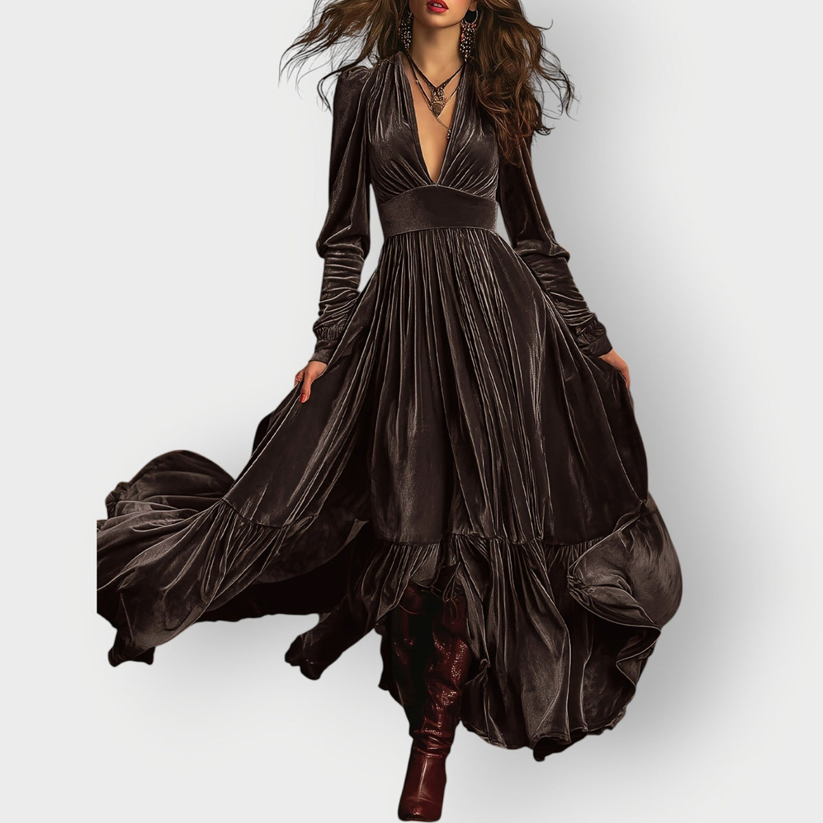Alorae | Vintage A-Line Welurowa Sukienka Maxi