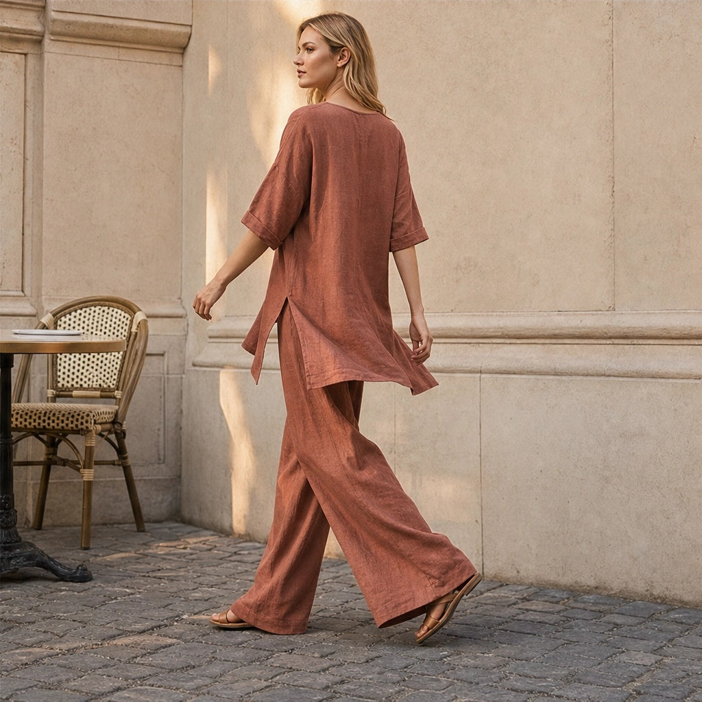 Linelle™ – Przewiewny Komplet z Lnu i Bawełny: Tunika i Szerokie Spodnie