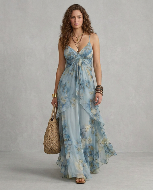 ELISA | Maxi Sukienka Slip Floreale Azzurro