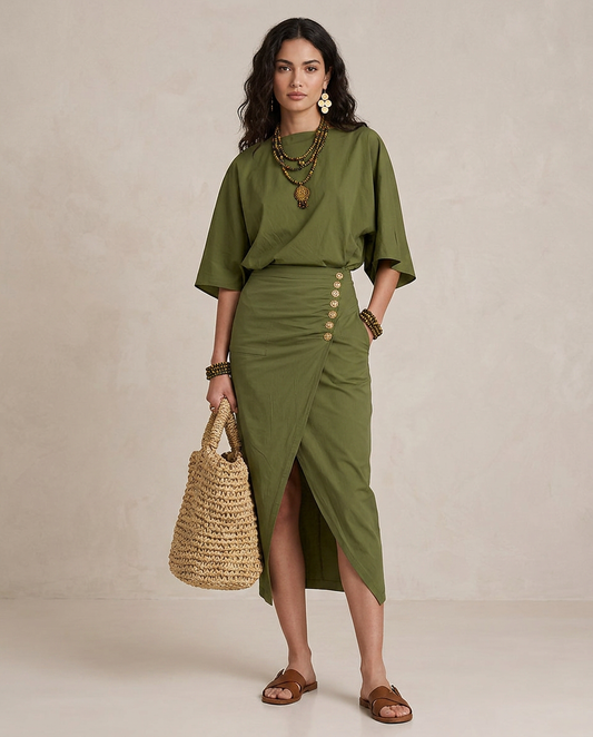 MARTA | Midi Sukienka Boho Zielona Oliwkowa