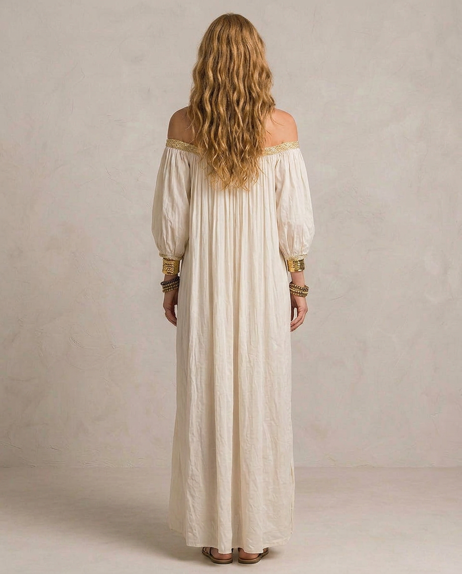 ISABELLA | Maxi Sukienka Boho Plissé Kremowa