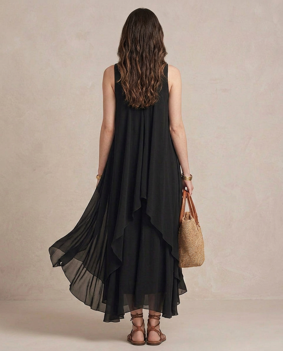 NOEMI | Maxi Sukienka Boho Warstwowa Chiffon Czarna