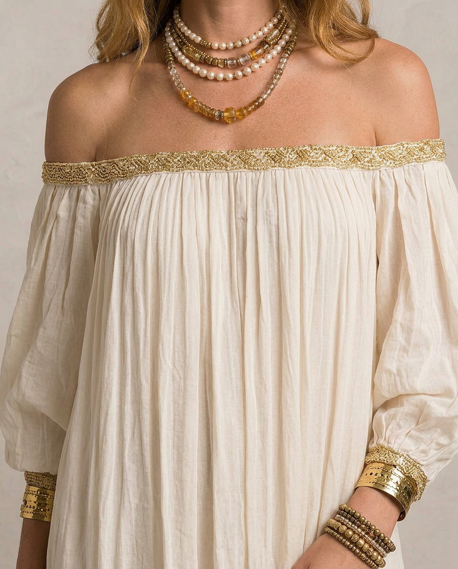 ISABELLA | Maxi Sukienka Boho Plissé Kremowa
