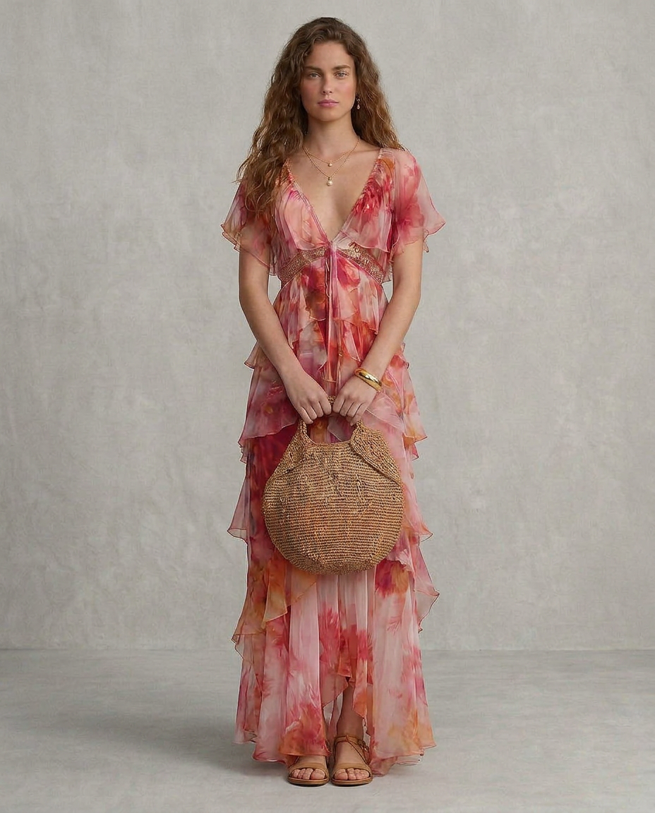 LUNA | Sukienka Boho Kwiatowa z Falbanami