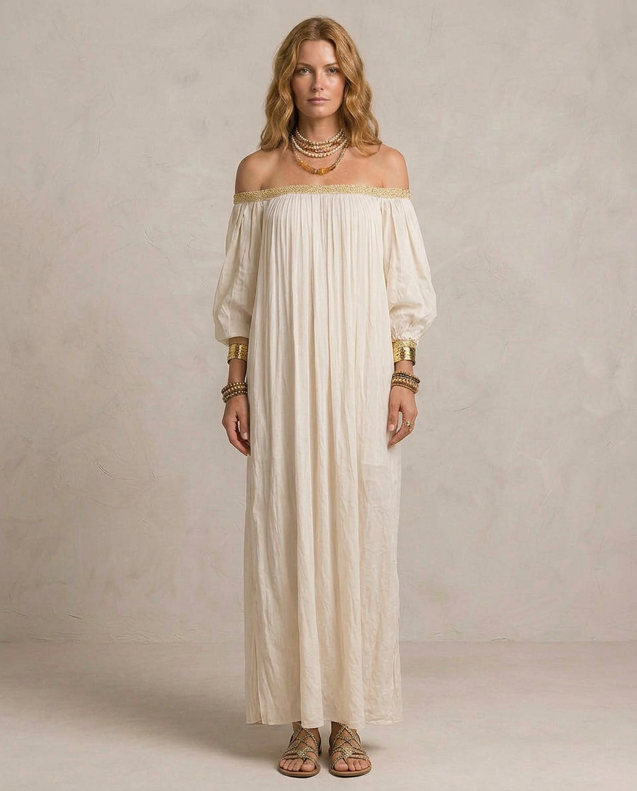 ISABELLA | Maxi Sukienka Boho Plissé Kremowa