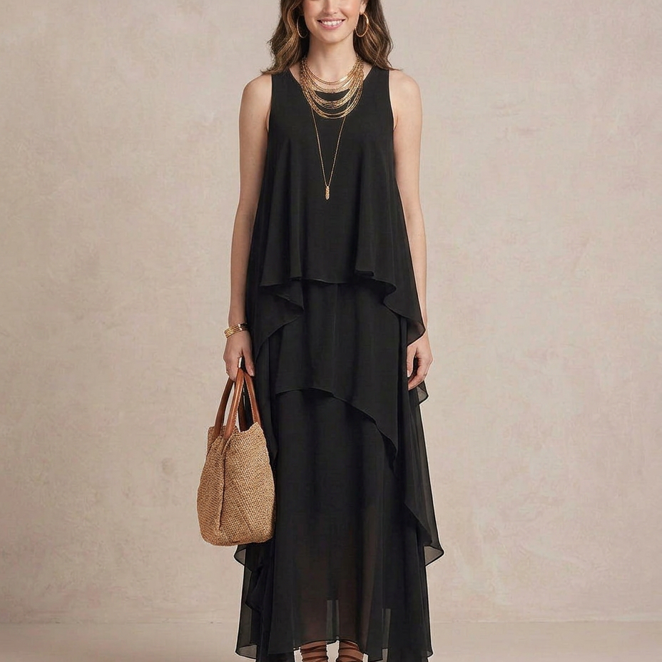 NOEMI | Maxi Sukienka Boho Warstwowa Chiffon Czarna
