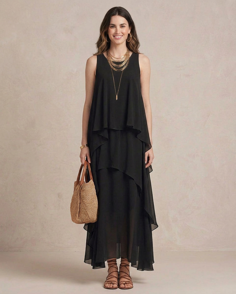NOEMI | Maxi Sukienka Boho Warstwowa Chiffon Czarna