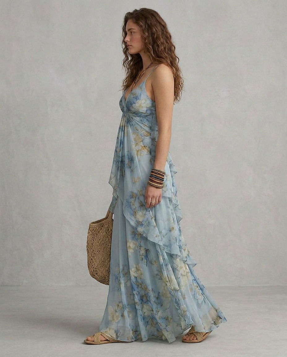 ELISA | Maxi Sukienka Slip Floreale Azzurro