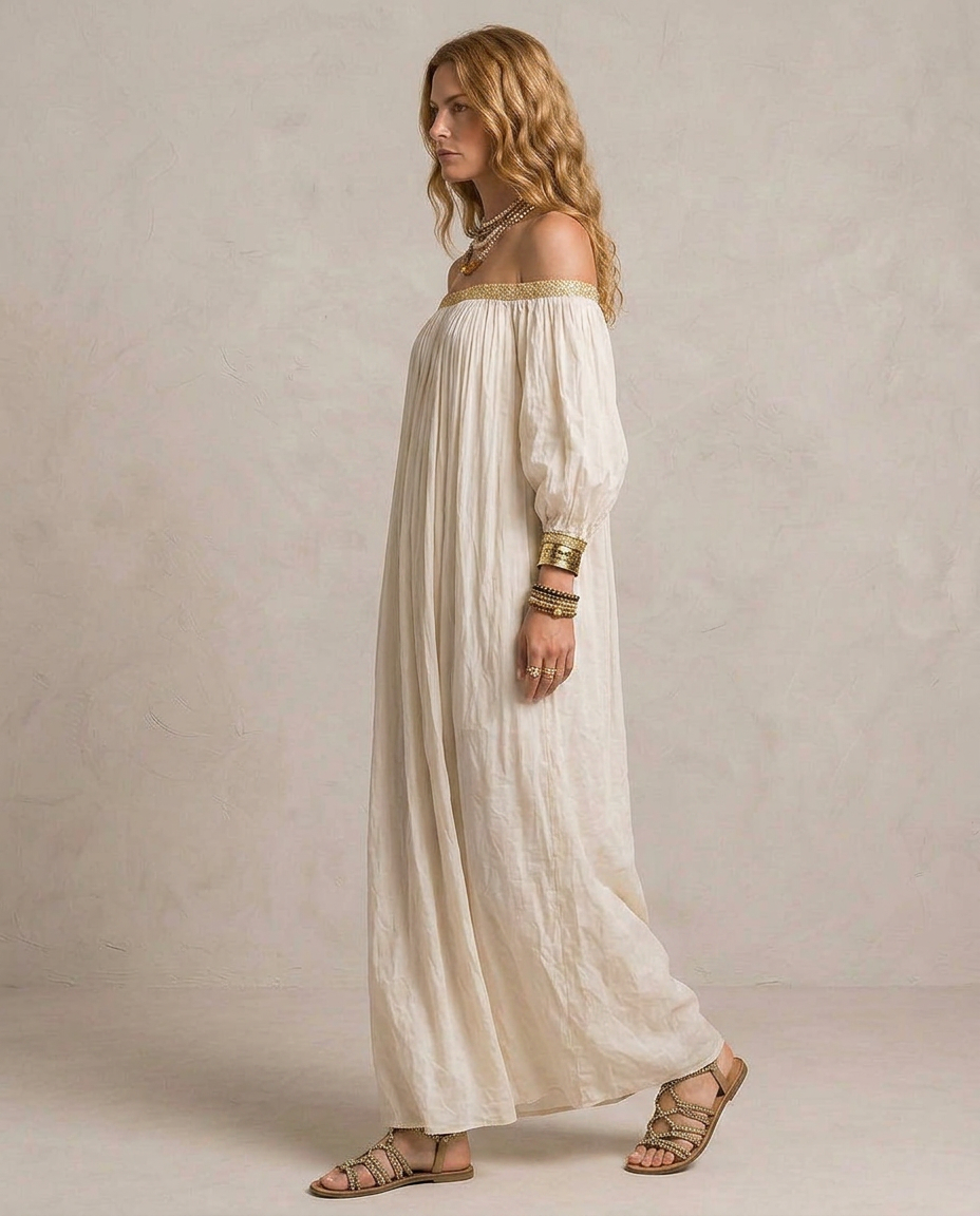 ISABELLA | Maxi Sukienka Boho Plissé Kremowa