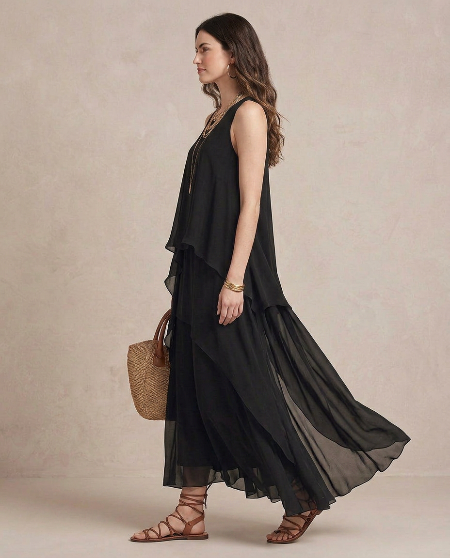 NOEMI | Maxi Sukienka Boho Warstwowa Chiffon Czarna