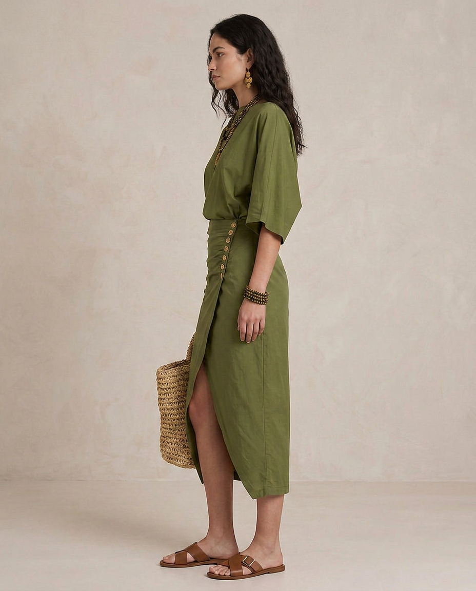 MARTA | Midi Sukienka Boho Zielona Oliwkowa