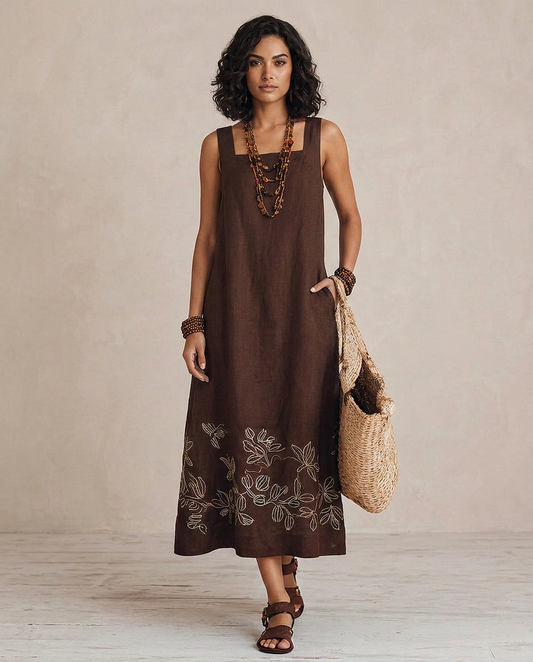 NOEMI | Midi Sukienka Lniania Boho Haftowana