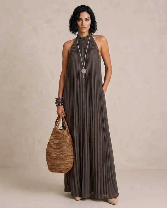 LIRA | Maxi Sukienka Halter Plisowana Szara
