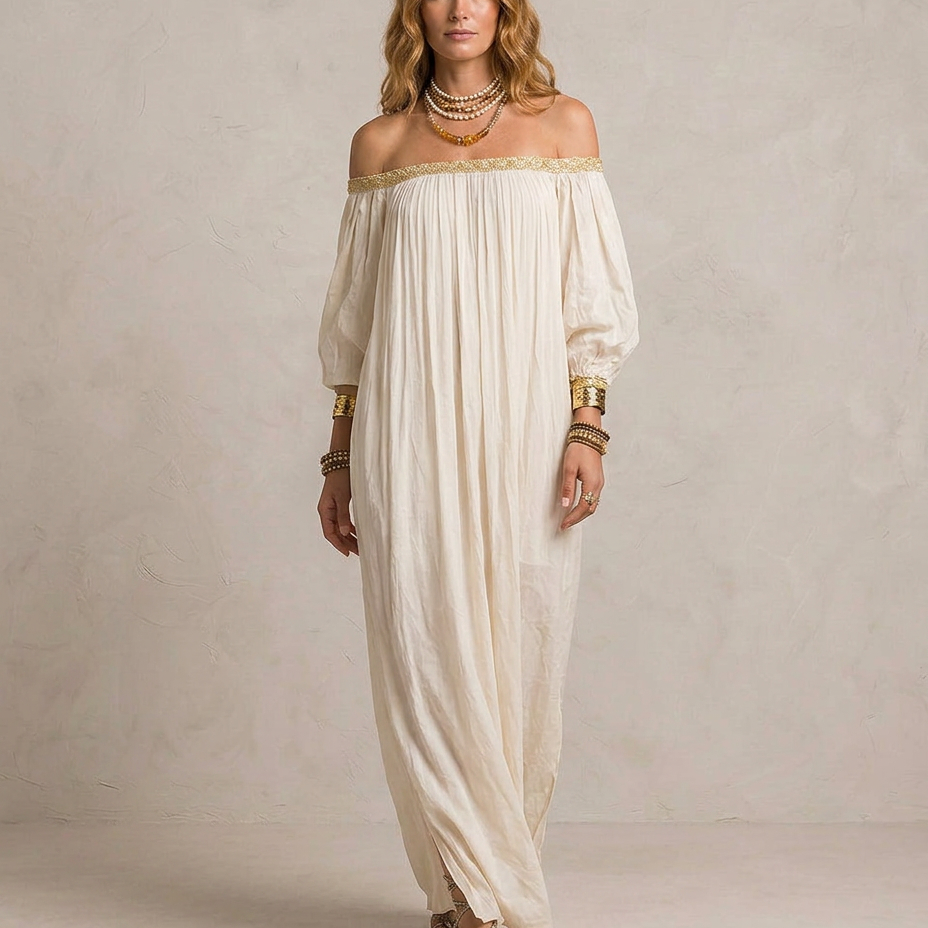 ISABELLA | Maxi Sukienka Boho Plissé Kremowa