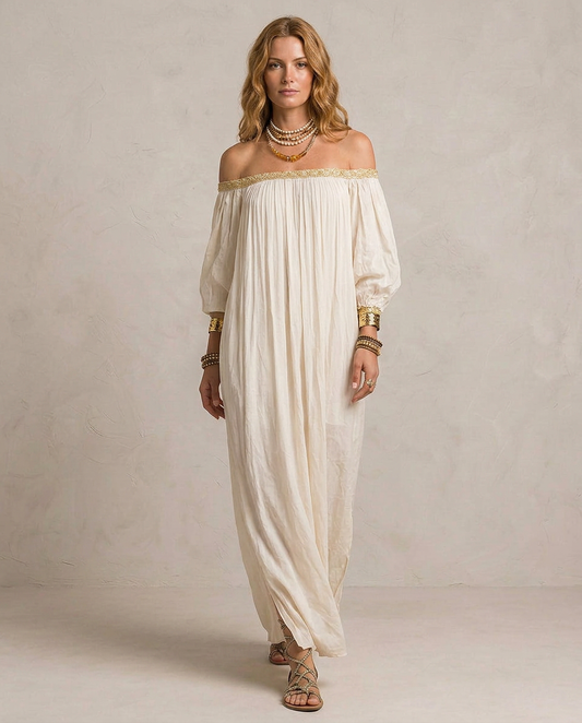 ISABELLA | Maxi Sukienka Boho Plissé Kremowa