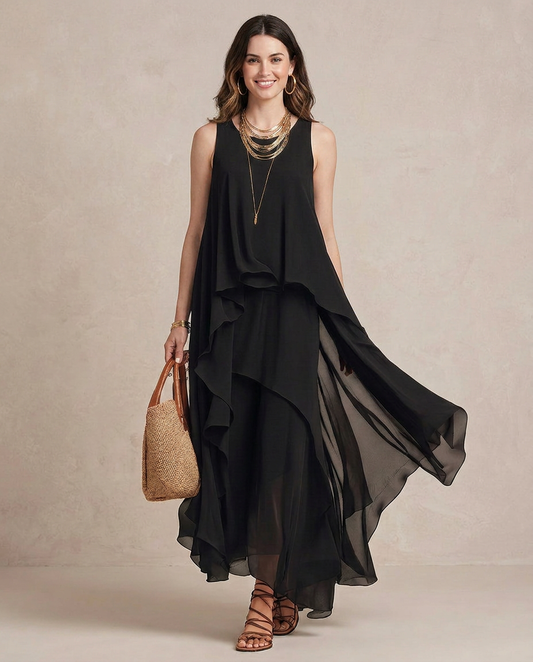 NOEMI | Maxi Sukienka Boho Warstwowa Chiffon Czarna