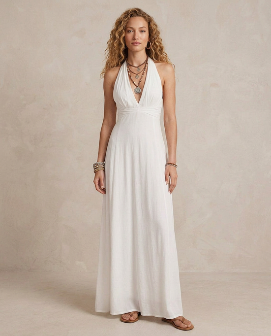 ELORA | Maxi Sukienka Halter Kremowa
