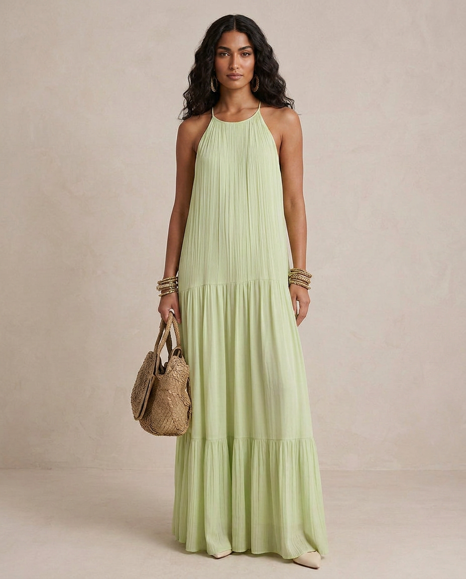 LIVIA | Maxi Sukienka Boho Zielony Pistacjowy