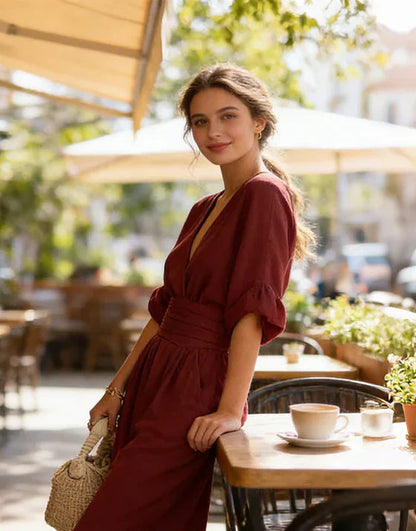 Daniela – Elegancki Kombinezon z Dekoltem V i Szeroką Nogawką
